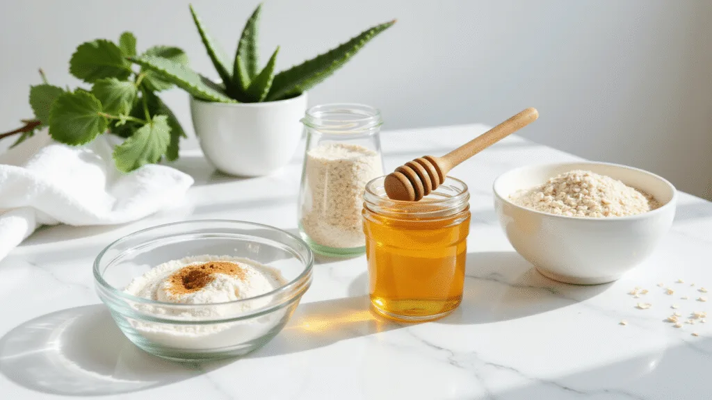 "Natural remedy ingredients like baking soda paste, honey, and ground oatmeal arranged on a marble countertop under soft morning light"