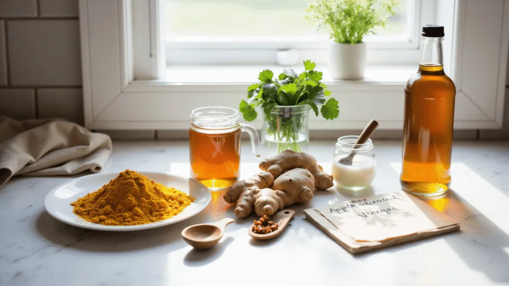 "Natural remedy ingredients like turmeric, ginger, cayenne and apple cider vinegar on a marble kitchen countertop, bathed in soft morning light."