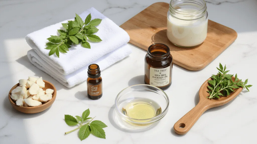 "Glass bottles of tea tree oil, a jar of coconut oil, crushed garlic cloves and fresh herbs on a white marble counter in natural morning light"