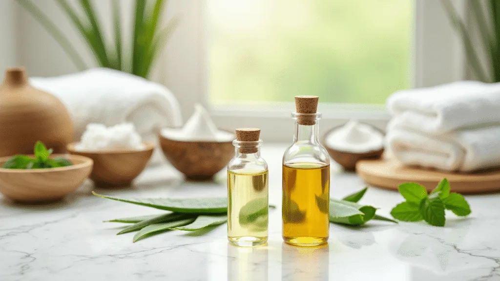"Natural scalp remedies including coconut oil, tea tree oil, aloe vera, and peppermint oil arranged on a white marble countertop with spa accessories in a softly lit room"