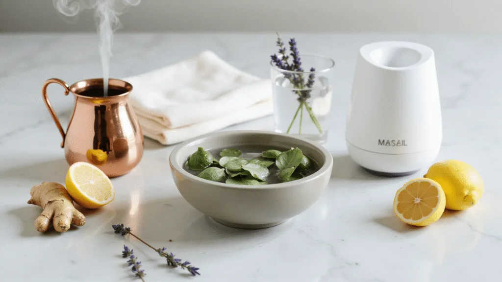 "Natural sinus relief essentials including eucalyptus steam, neti pot, warm compress and humidifier on a marble surface"