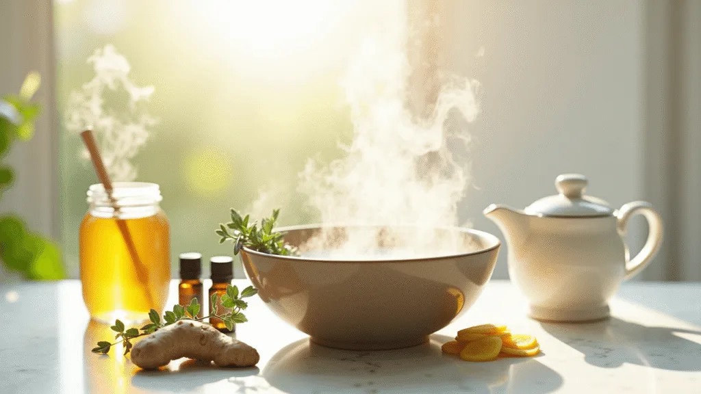 "Steaming bowl with eucalyptus, honey, ginger, neti pot, and essential oils arranged on a white marble counter in the morning light"