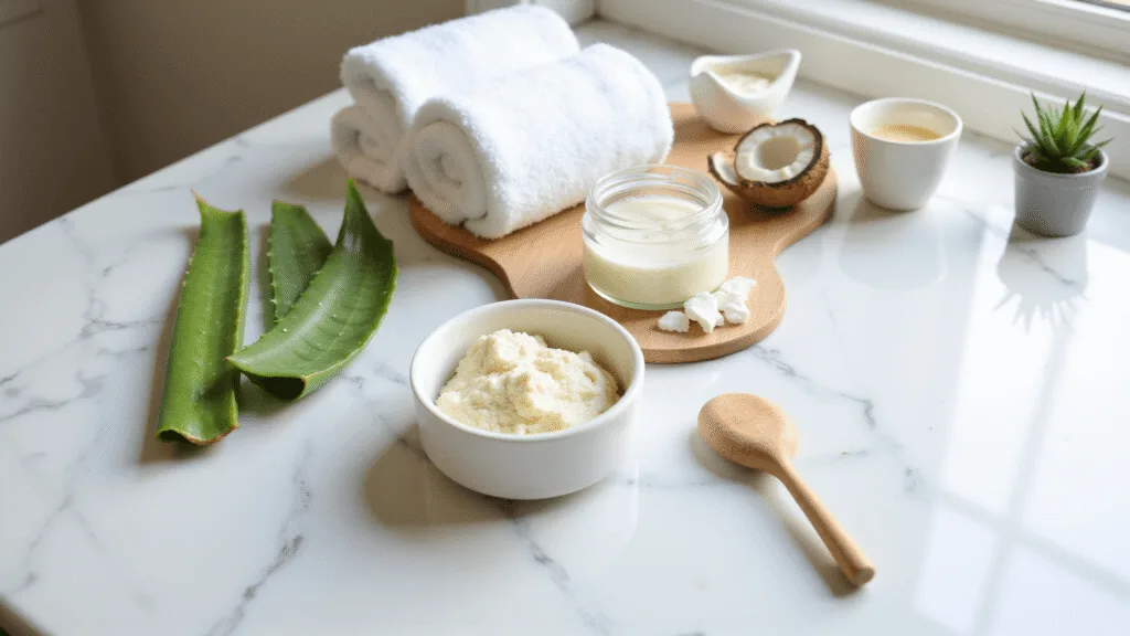 "Natural skincare ingredients aloe vera, coconut oil, and sugar scrub on a marble vanity in morning sunlight"