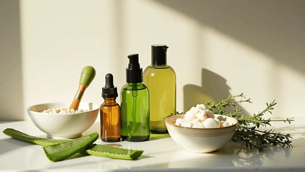"Natural skincare products including tea tree oil, aloe vera, green tea toner and jade roller arranged on a white marble counter in golden hour sunlight"