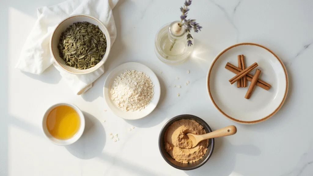 "DIY skincare ingredients including green tea, honey, cinnamon, oatmeal, and rose water arranged on a white marble counter in natural morning light"