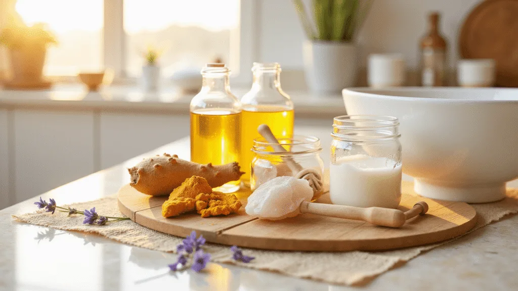 Sunlit bathroom vanity with natural skincare ingredients like honey, turmeric, coconut oil, rose quartz roller, and dried lavender in golden hour light.