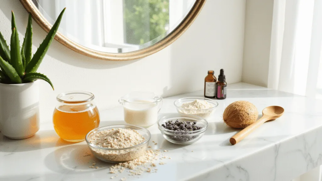 "Natural skincare ingredients such as honey, coconut oil, and oatmeal on a bathroom vanity in morning sunlight"