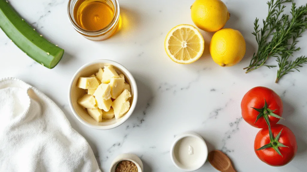 "Natural skincare ingredients like lemon, honey, aloe vera, potato, tomato, herbs, yogurt, and gram flour on a white marble countertop"