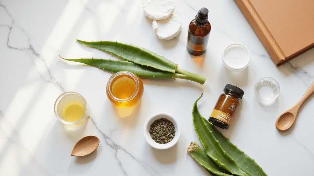"Natural skincare ingredients including tea tree oil, raw honey, aloe vera, witch hazel, and green tea on a marble counter in warm golden hour light"