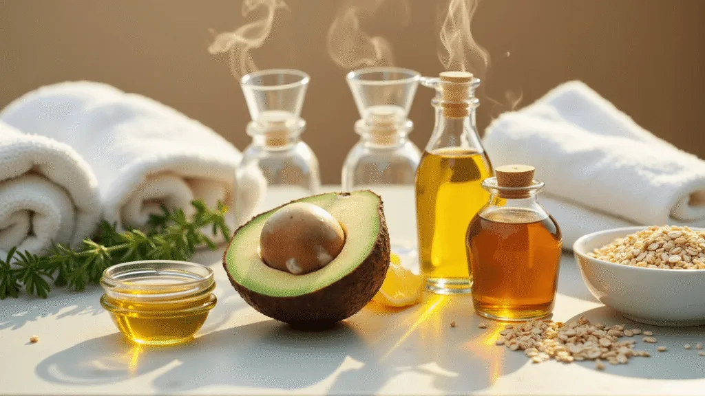 "Natural skincare ingredients including coconut oil, avocado, honey, olive oil, and ground oatmeal on a marble countertop in a spa-setting during golden hour."