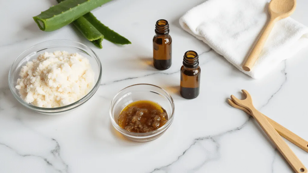 "Natural skincare ingredients including sugar scrub, tea tree oil, witch hazel, aloe vera leaves, and bamboo tools on a white marble counter"