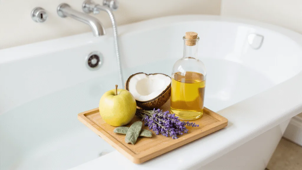 "Spa essentials such as coconut oil, lavender, sage, and apple cider vinegar on a bamboo tray beside a white clawfoot tub in soft morning light"