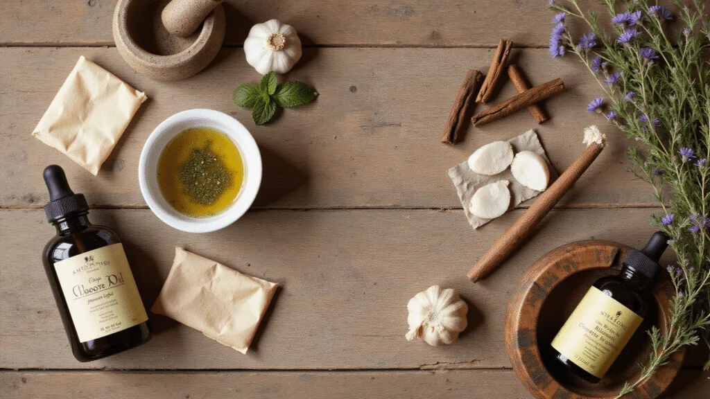 "Natural toothache remedies flatlay including clove oil, peppermint, garlic, salt, cotton swabs in a glass bowl on a white marble surface under warm morning light"