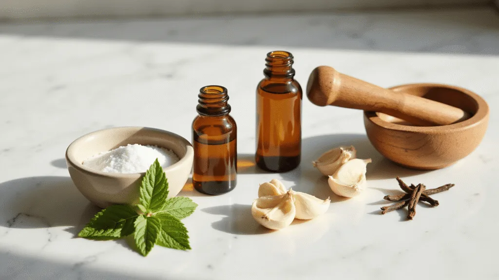 "Natural toothache remedies including clove oil, sea salt, garlic, vanilla extract, and peppermint leaves on a white marble kitchen counter in warm sunlight."