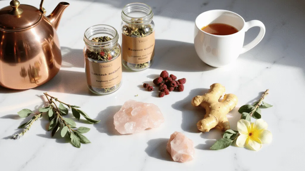"Herbal wellness tea arrangement with raspberry leaf, ginger root, milk thistle, fresh herbs and dried flowers on a marble surface with a copper kettle and rose quartz crystals; highlighted in soft morning light."
