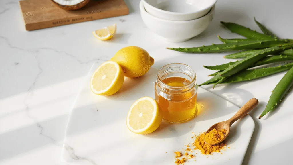 "Natural wellness ingredients including honey, lemons, turmeric, aloe vera, and coconut oil on a marble kitchen countertop in sunlit morning light"