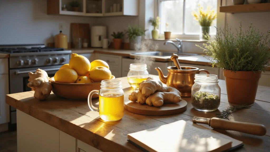 "Rustic kitchen scene with ginger, honey, lemons, and herbs in soft morning light"