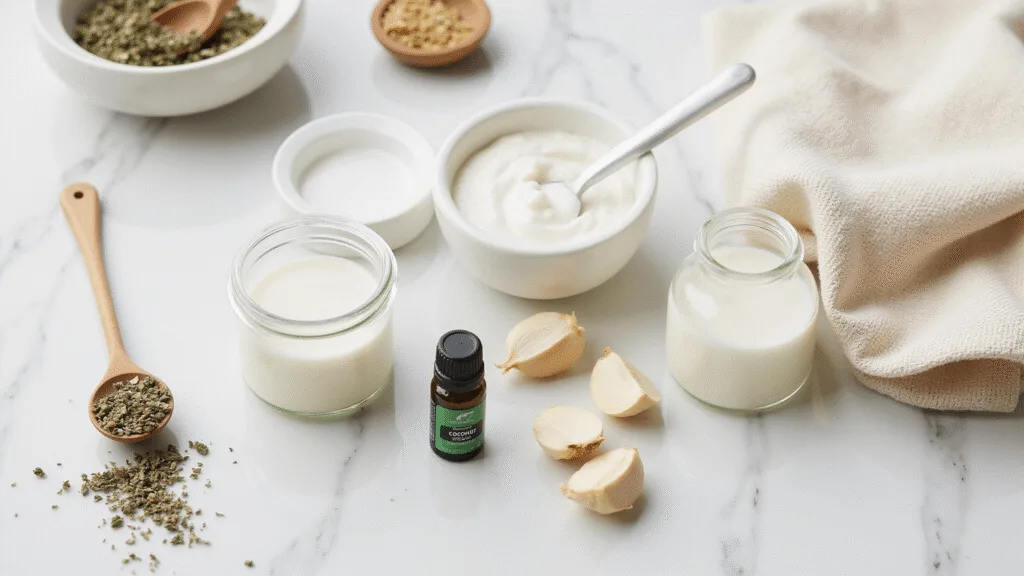 "Natural yeast infection remedies including coconut oil, yogurt, garlic, and tea tree oil on a white marble countertop"