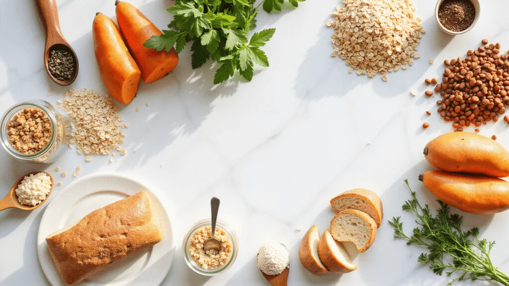 "Nutrient-dense carbs including quinoa, sweet potatoes, oats, lentils, whole wheat bread, and brown rice artfully displayed on a white marble surface with fresh herbs, mason jars and wooden spoons."