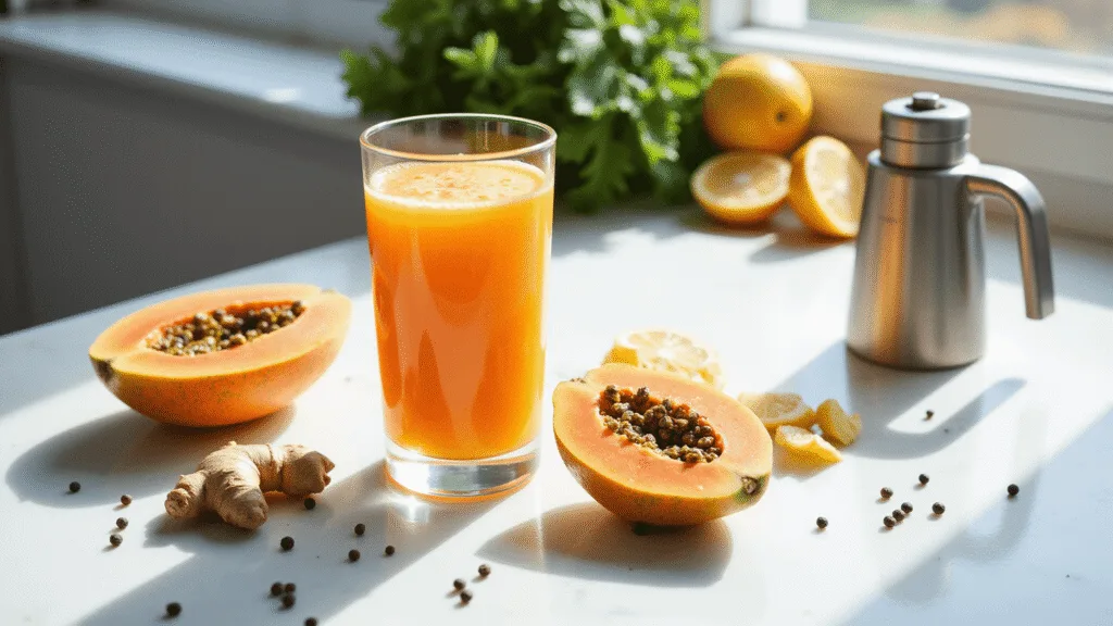 "Papaya and ginger juice in clear glass with fresh ingredients on a marble countertop in sunlit kitchen"