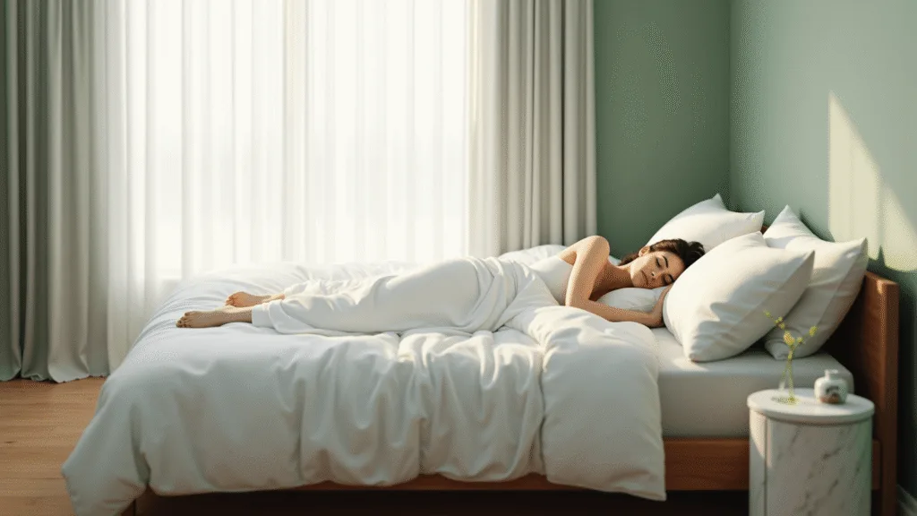 "Person peacefully sleeping on left side in serene bedroom with sage green walls, white linen bedding, marble bedside table under soft morning sunlight filtered through sheer curtains."