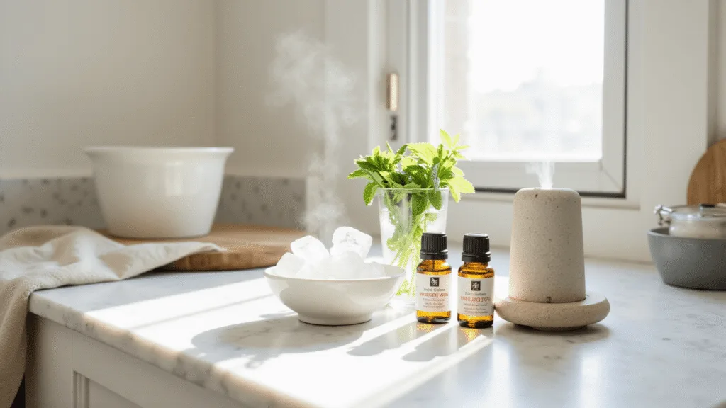 "Peppermint essential oil bottles, stone diffuser, fresh mint sprigs and ice water bowl on a sunlit marble kitchen counter"