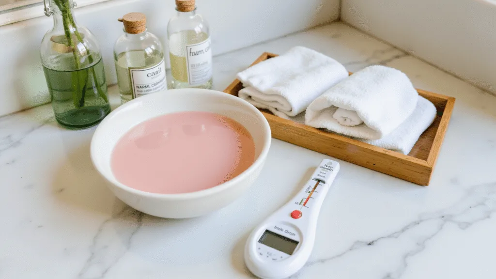 "Organized medicine cabinet items including warm compress, soothing eye drops, and digital thermometer on a marble counter in soft morning light for pink eye remedies."