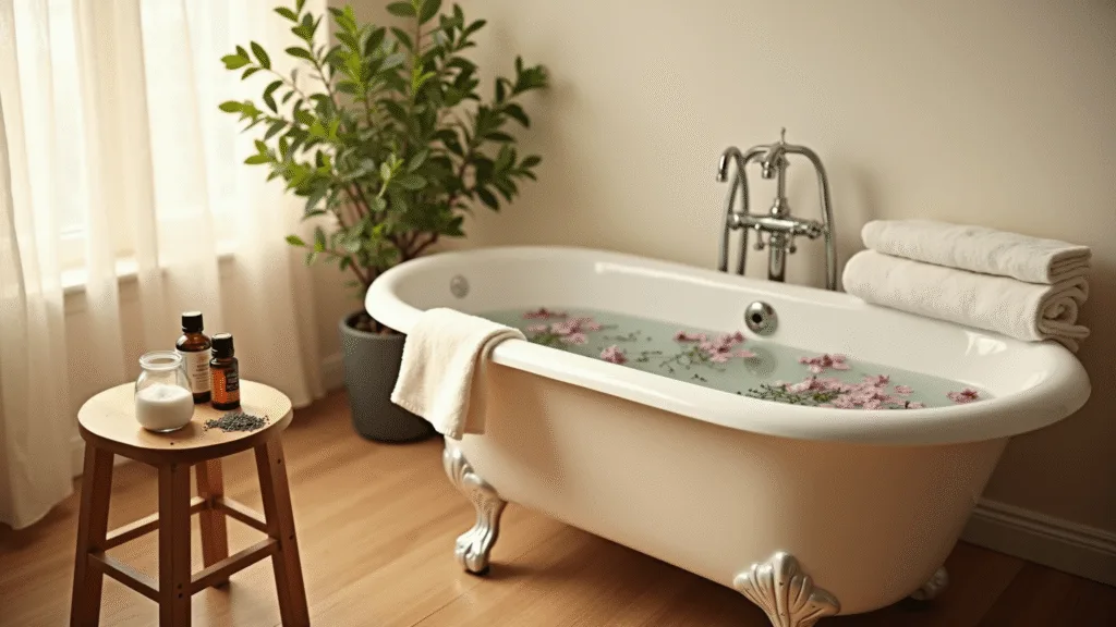 "Soothing postpartum sanctuary featuring a bathtub with lavender and rose petals, Epsom salts, eucalyptus plant and natural sunlight"