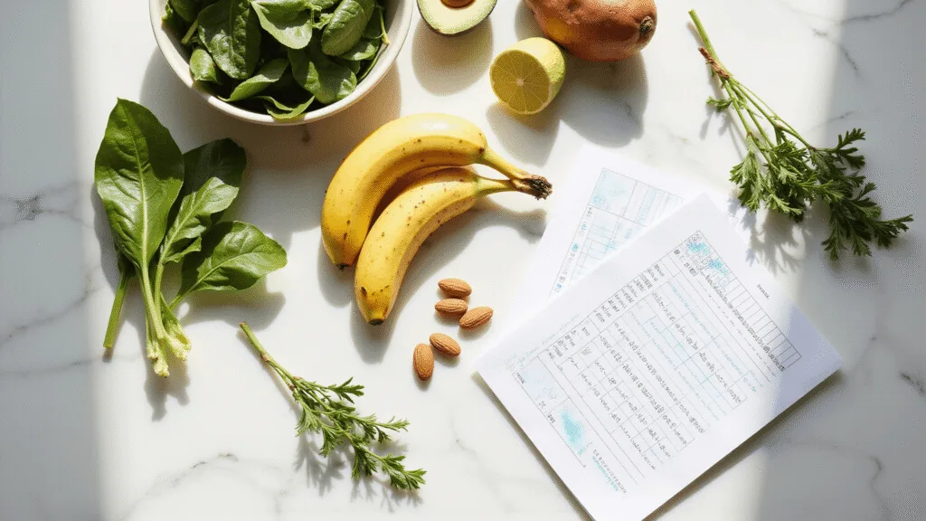 "Potassium-rich foods like bananas, spinach, avocados, sweet potatoes and almonds on a marble kitchen counter with a wellness journal and blood pressure tracking chart, in a sunny, health-oriented atmosphere"