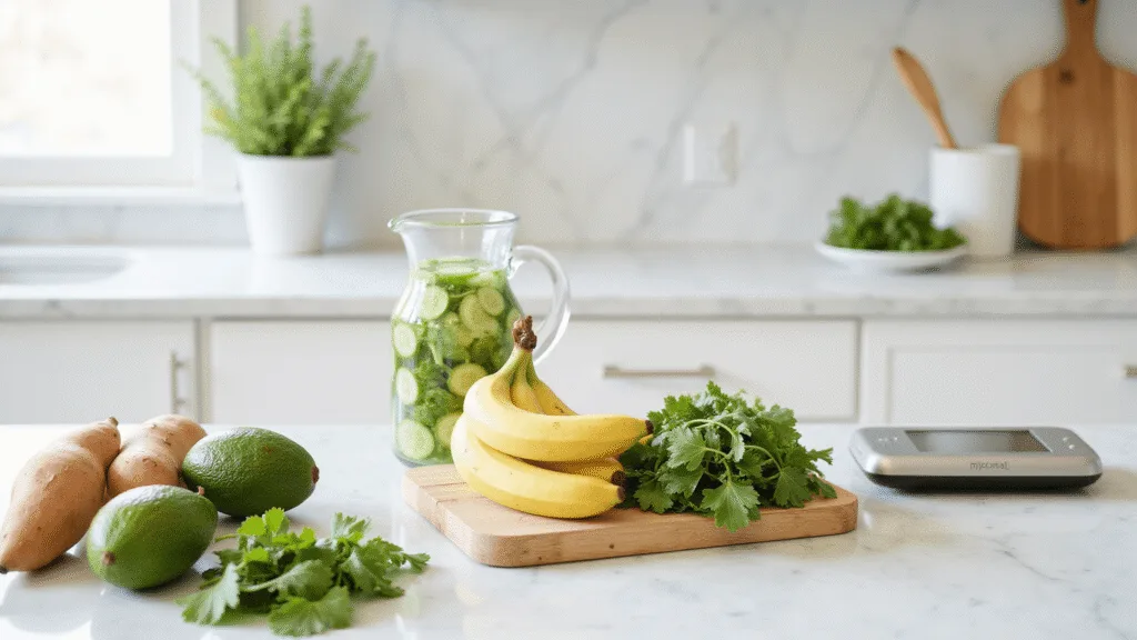 "Healthy potassium-rich foods such as avocados, bananas, sweet potatoes, and leafy greens arranged on a white marble kitchen countertop alongside a pitcher of cucumber water"
