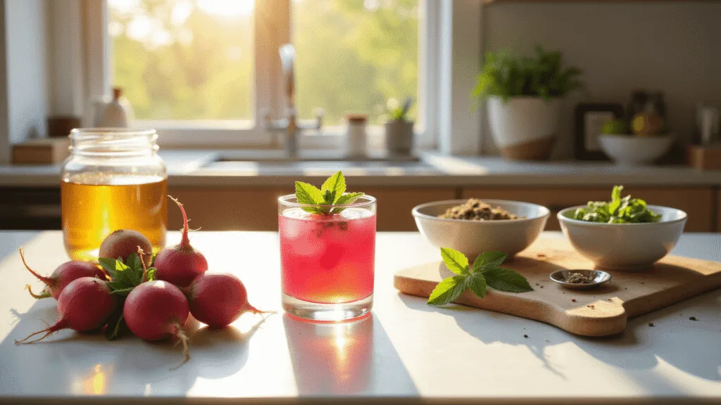 "Kitchen scene with radishes, honey jar, and glass juicer on marble counter, featuring pink radish juice and healing herbs in the soothing light of golden hour."