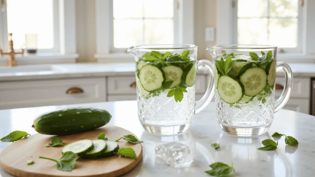 "Sunlit kitchen scene with sliced cucumbers and mint leaves in water pitchers, fresh ingredients on a wooden cutting board, and minimalist decor featuring white marble countertops and copper accents"
