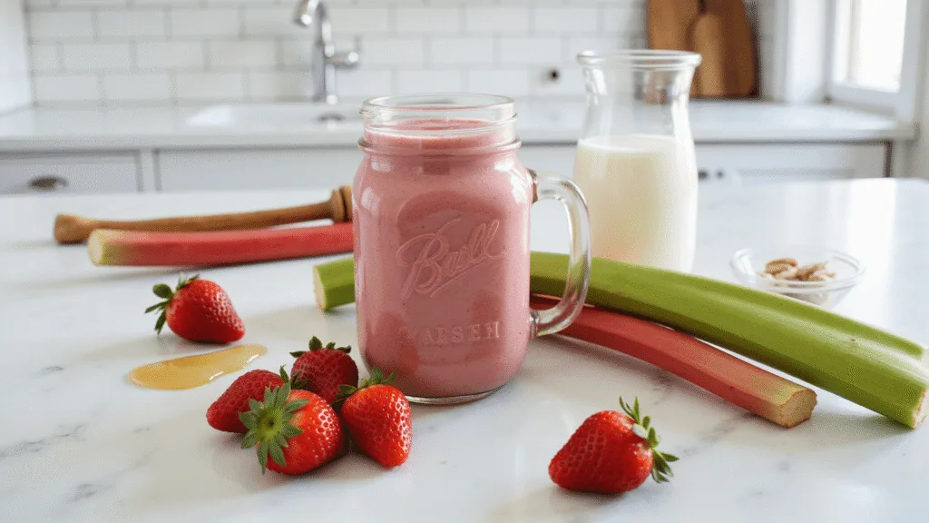 "Ingredients for rhubarb smoothie consisting of fresh rhubarb stalks, strawberries, honey, and almond milk arranged on a white marble countertop in a farmhouse kitchen, bright natural light streaming through window"