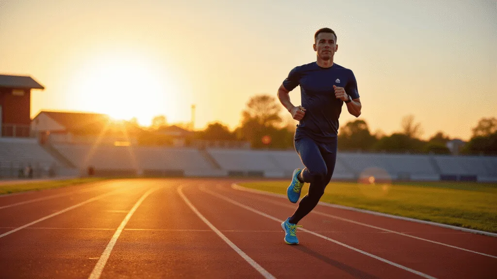 "Runner in navy compression gear on red track at sunset with motion blur and warm lens flares"