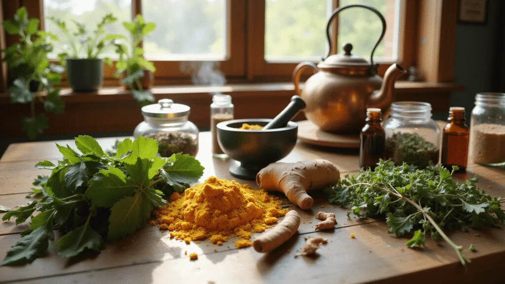 "Healing herbs including comfrey, turmeric, and horsetail on a rustic wooden table with a mortar and pestle, mason jars, and steaming tea kettles"