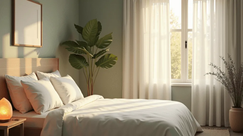 "Serene master bedroom with golden sunlight, king-size bed with white linens, warm Himalayan salt lamp, lavender diffuser, fiddle leaf fig plant, and sage green walls in minimalist design"