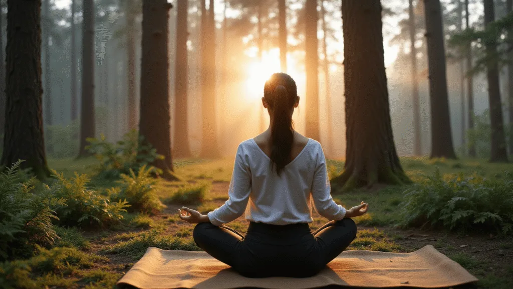 "Woman meditating in a serene forest with towering pines and dewy ferns during a misty sunrise, bathed in golden morning light with dominant natural earthy tones"
