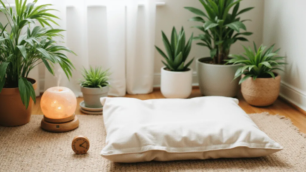 "Natural serene meditation space with cushion, plants, salt lamp, oil diffuser and wooden timer in morning light"