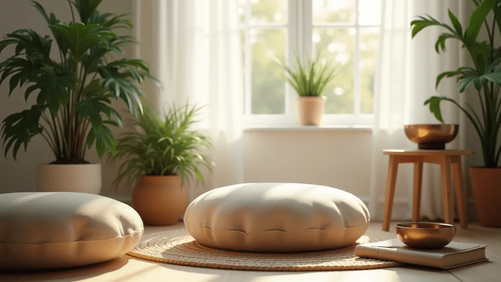 "Meditation corner with cushion, indoor plants, singing bowl, journal, and morning sunlight through white curtains"