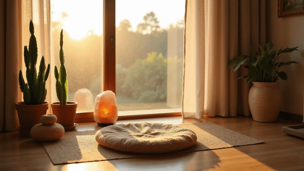 "Meditation space at sunrise comprising jute cushion, potted snake plants and Himalayan salt lamp on a bamboo mat with warm earth tones"