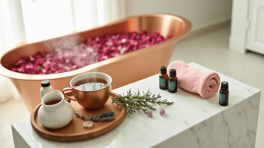 "Copper bathtub filled with rose petals in a serene room with wellness elements like herbal tea, essential oils, a heating pad, and crystals, under soft warm lighting"
