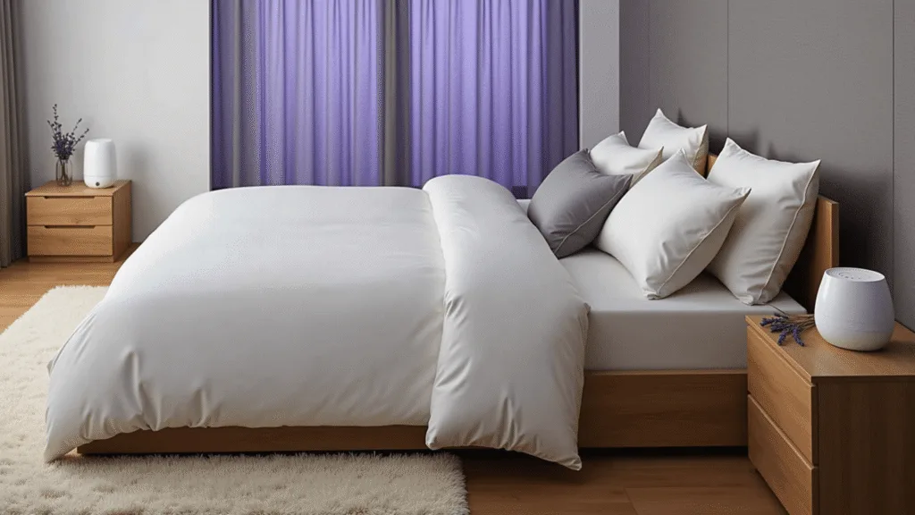 "Modern bedroom at twilight with king-size bed, ambient lighting, minimalist furniture, wellness elements and lavender sprigs on nightstand"