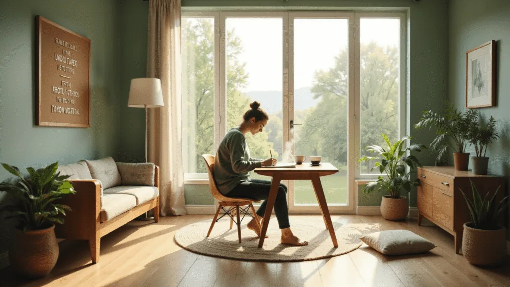 "A person journaling in a serene home office with morning light, a cup of herbal tea, a meditation cushion, indoor plants, a cork board with positive affirmations, all in sage green and natural wood tones."