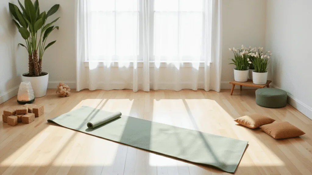 "Minimalist yoga room with serene atmosphere, bathed in soothing morning light, complete with a sage green yoga mat, cork blocks, meditation cushions, peace lilies, crystal accents, and Himalayan salt lamp."