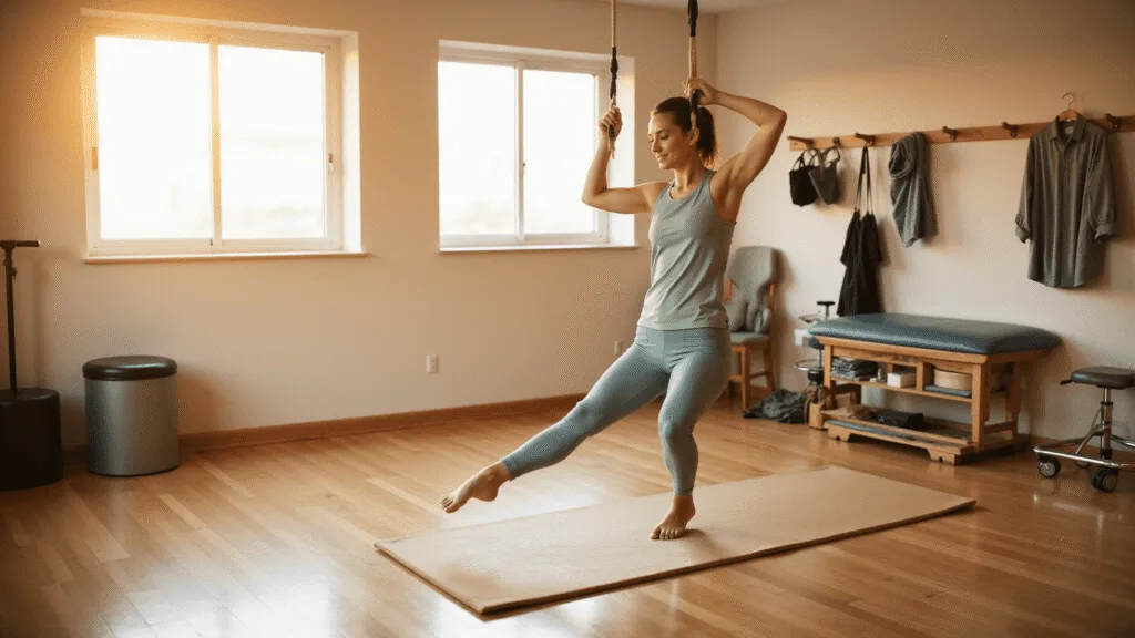 "Woman in sage athletic wear performing pendulum exercise in a sunlit physiotherapy room with bamboo floors and therapy equipment"