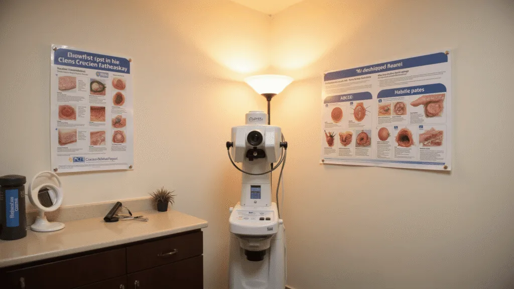 "Medical examination room with dermascope, skin examination charts, and melanoma diagrams on white walls, along with examination tools on the counter."