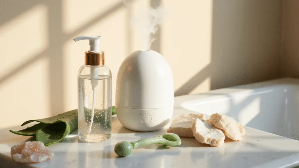"Luxurious skincare products including moisturizer, jade roller, and cotton rounds on a white marble bathroom counter in warm golden sunlight, complemented by an aloe plant and rose quartz crystals."