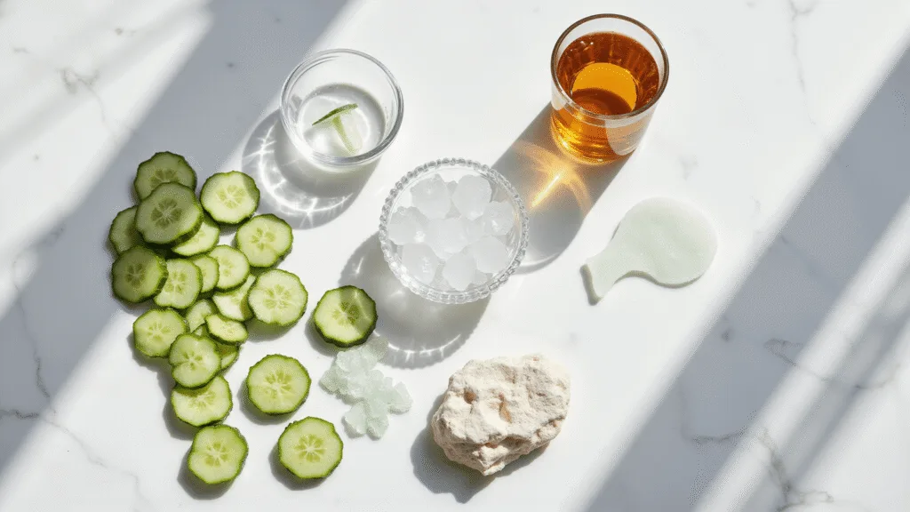 "Luxurious spa setup with cucumbers, tea bags, ice in crystal bowls, jade facial tools, and eye patches on a marble surface with soft lighting and water droplets."