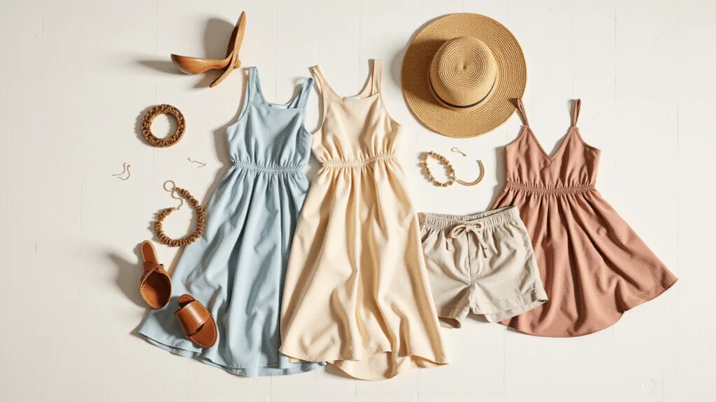 "Flatlay of a luxury summer vacation wardrobe featuring silk dresses, gold jewelry, linen shorts, and rattan accessories on a whitewashed background during golden hour"
