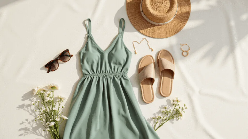 "Summer fashion flat lay featuring sage green sundress, neutral accessories, and gold jewelry on a cream linen background."